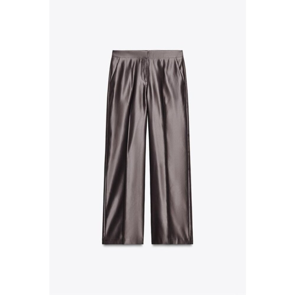 Zara Satin Wide-Leg Trousers in Chocolate Brown - Picture 3 of 16